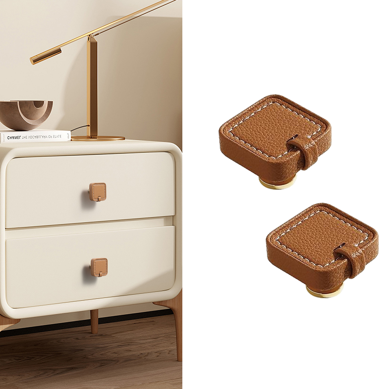 2 Pack Brown Leather Cabinet Pulls 3-3/4' Hand-Stitch Drawer Pulls for Cabinets Cupboards Dressers Drawers Bedroom