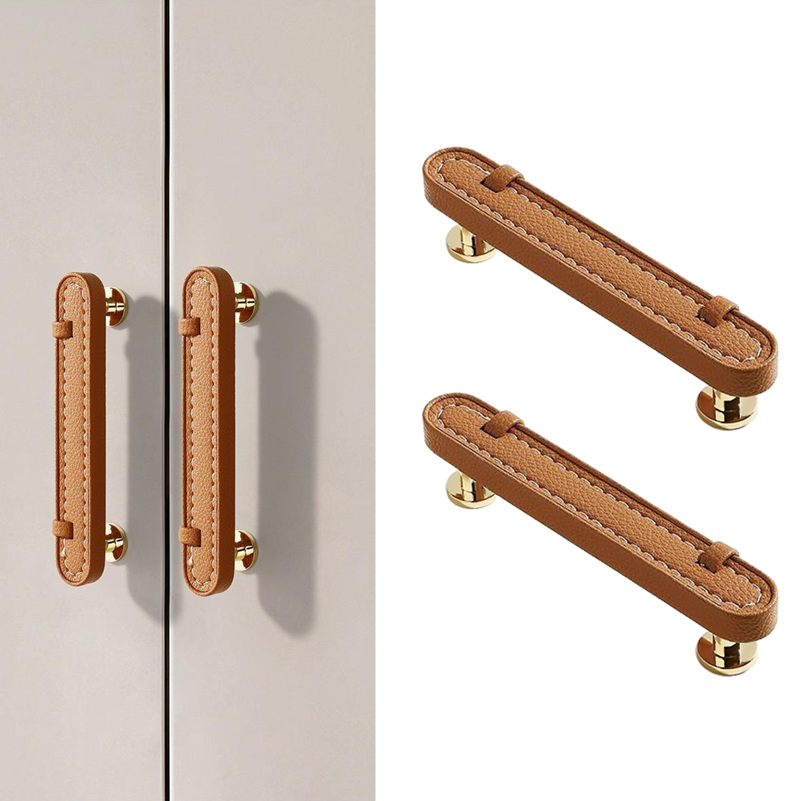 2 Pack Brown Leather Cabinet Pulls 3-3/4' Hand-Stitch Drawer Pulls for Cabinets Cupboards Dressers Drawers Bedroom