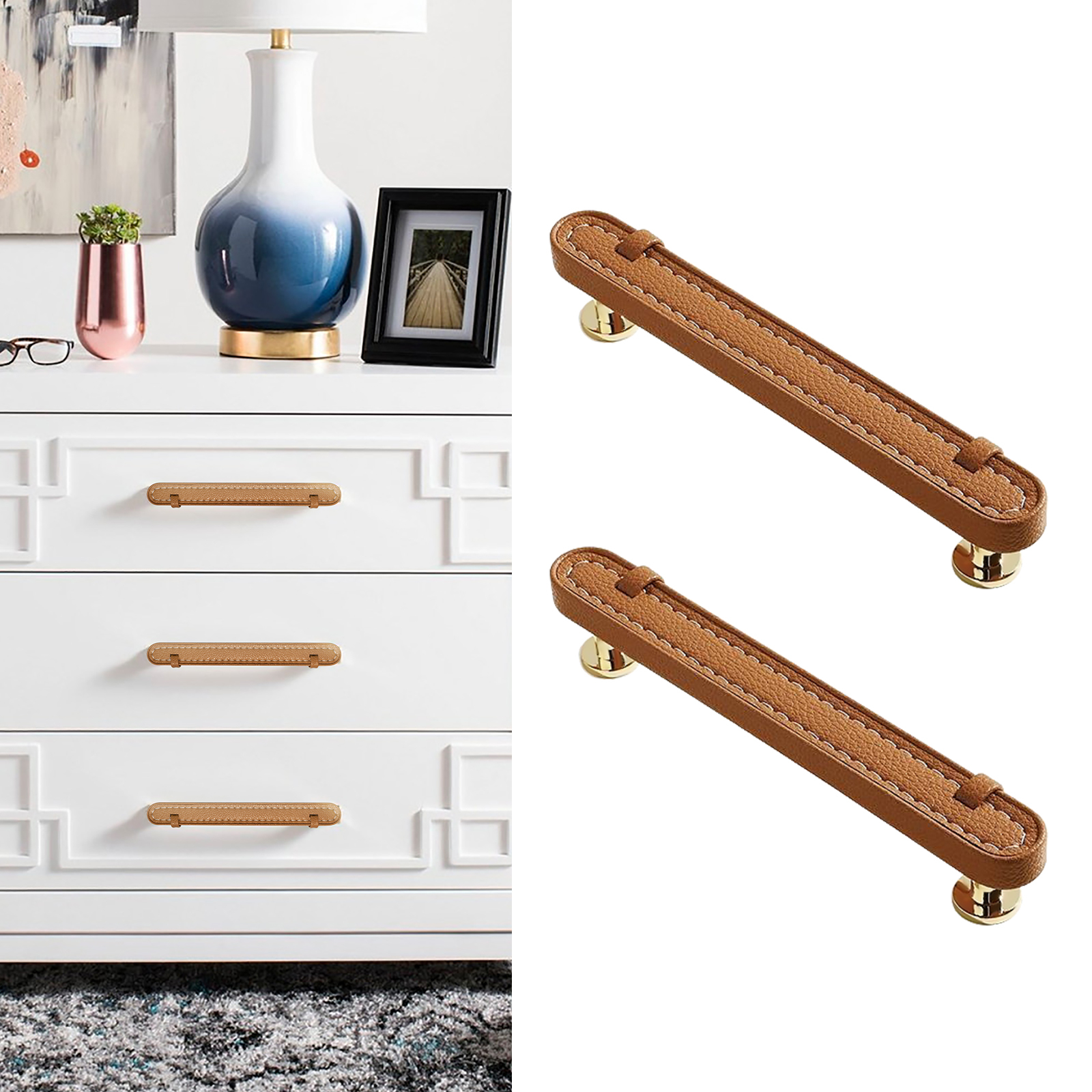 2 Pack Brown Leather Cabinet Pulls 3-3/4' Hand-Stitch Drawer Pulls for Cabinets Cupboards Dressers Drawers Bedroom