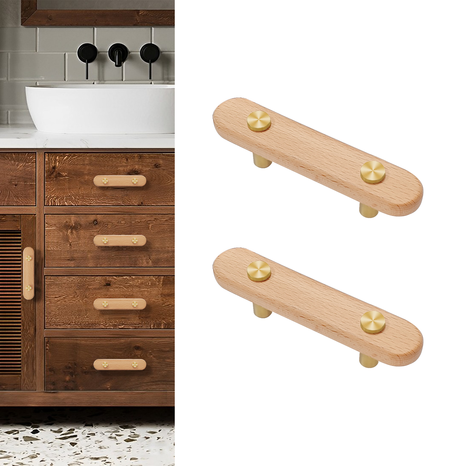 3-3/4 in Wood Cabinet Pulls Brass Gold