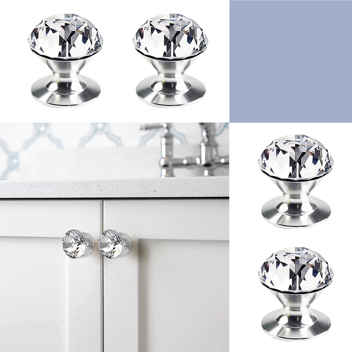 2 Pcs Crystal Self Stick Knobs Aluminum Self Adhesive Handle Pull Stick On Handle Removable Replacement Knob for Cabinet Mirror Cupboard Window Glass Sliding Door Drawer Clear Crystal Knob