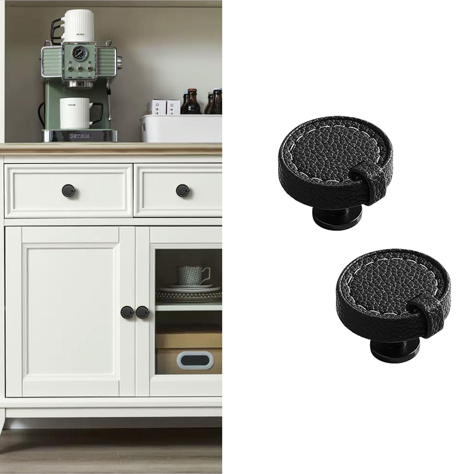 2 Pack Brown Leather Cabinet Pulls 3-3/4' Hand-Stitch Drawer Pulls for