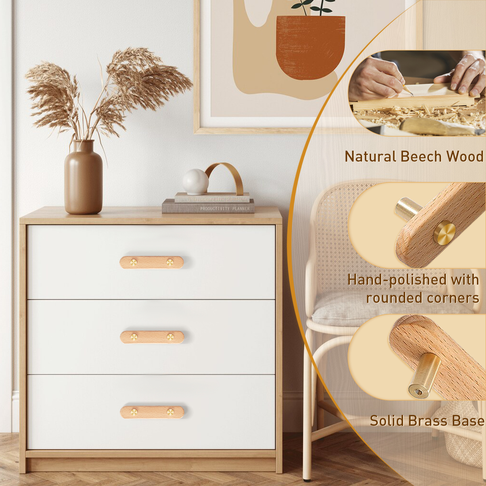 3-3/4 in Wood Cabinet Pulls Brass Gold