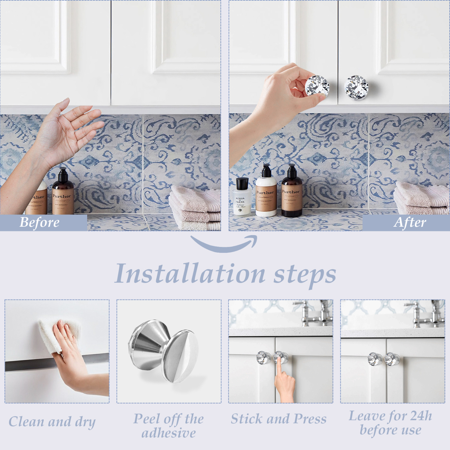 2 Pcs Crystal Self Stick Knobs Aluminum Self Adhesive Handle Pull Stick On Handle Removable Replacement Knob for Cabinet Mirror Cupboard Window Glass Sliding Door Drawer Clear Crystal Knob