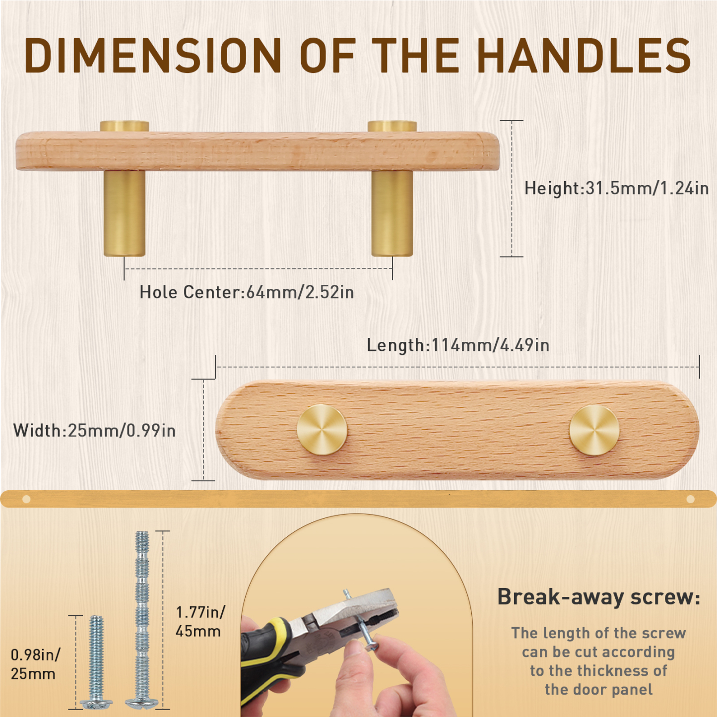 3-3/4 in Wood Cabinet Pulls Brass Gold