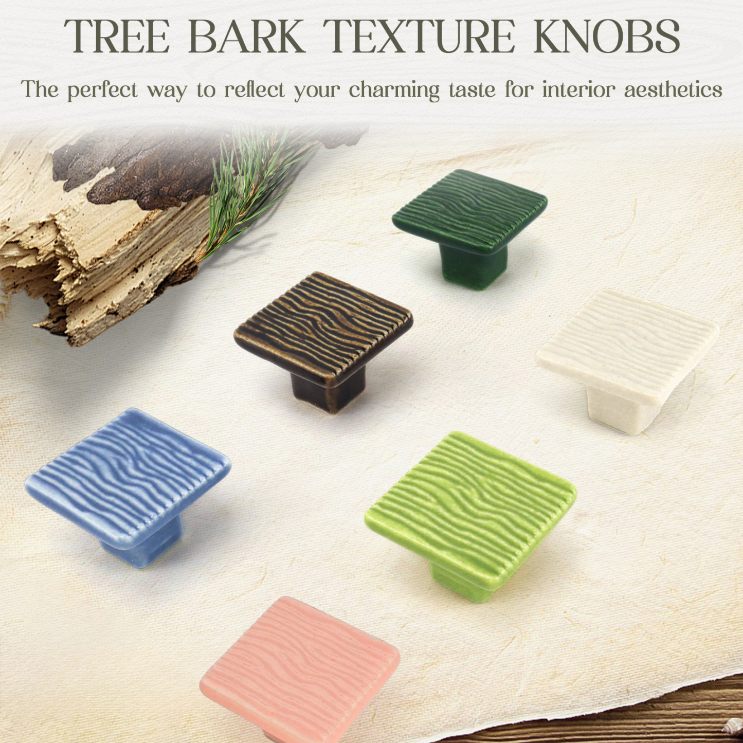 Ceramic Tree Bark Texture Knobs Square Cabinet Pulls