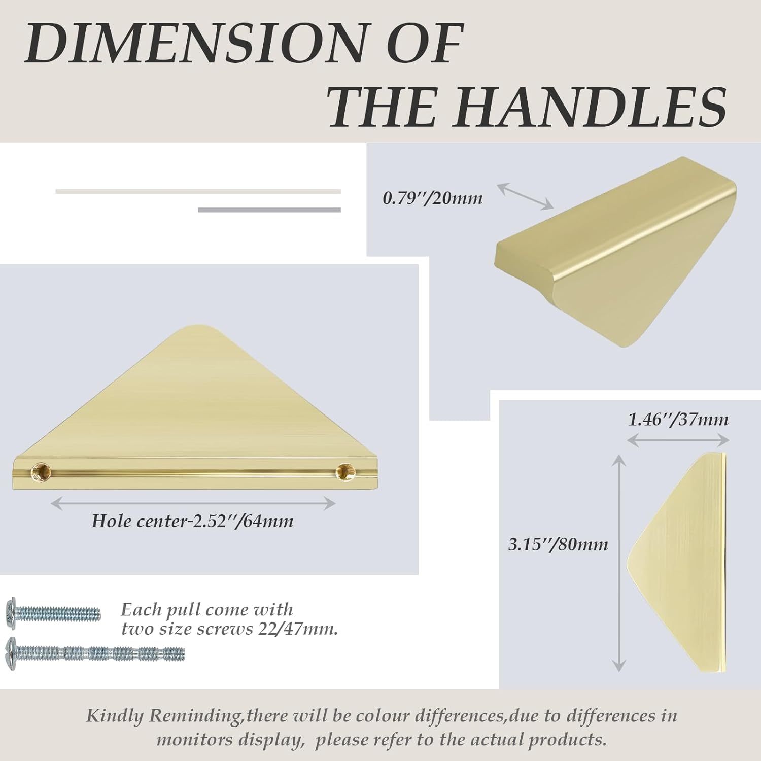 Elistonie Triangle Shape Brushed Gold Metal Knobs Zinc Alloy Double Holes Knobs for Furniture Cabinet 2.52 Inch Hole Center Pulls for Drawer Pulls Closet Handles Cupboard Knobs (6pces/Set) 