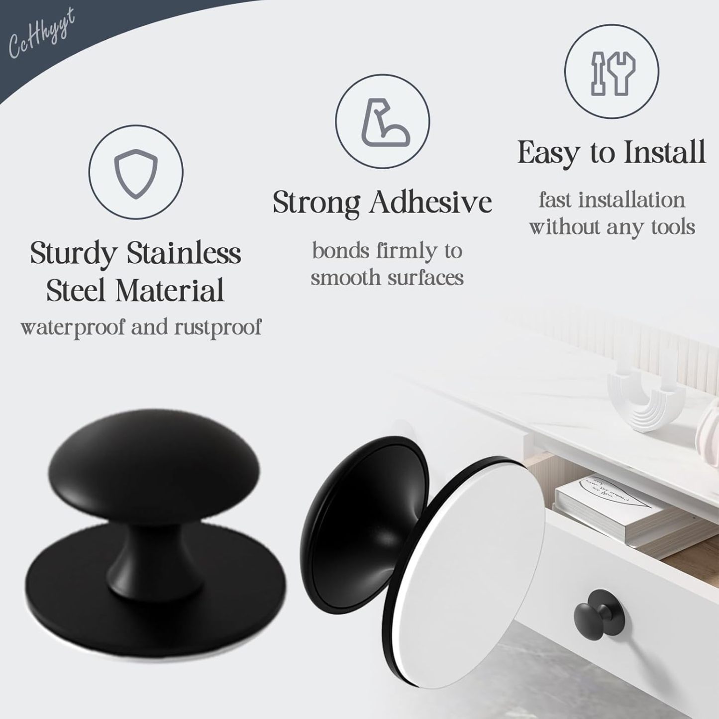 Stainless Steel Adhesive Cabinet Knobs Self-Stick Knobs Drill Free Dresser Drawer Pulls Stick On Handles