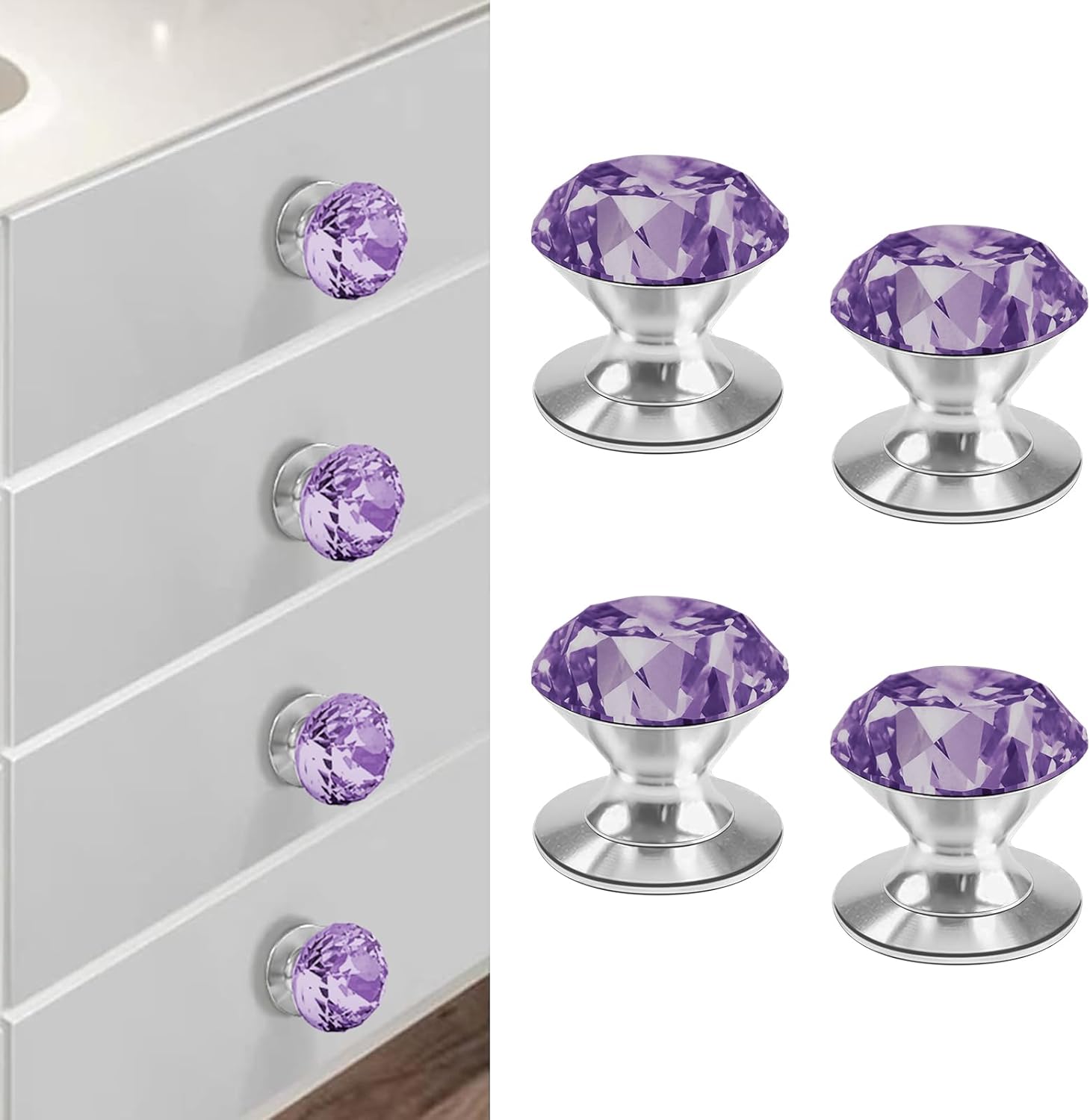 4 Pcs Self-Adhesive Crystal Knobs Self Stick Diamond Purple K9 Crystal Pulls Mirror Doors Knobs Drill Free Dresser Knobs for Medicine Cabinet Glass Sliding Doors Fish Tank Lid Terrarium