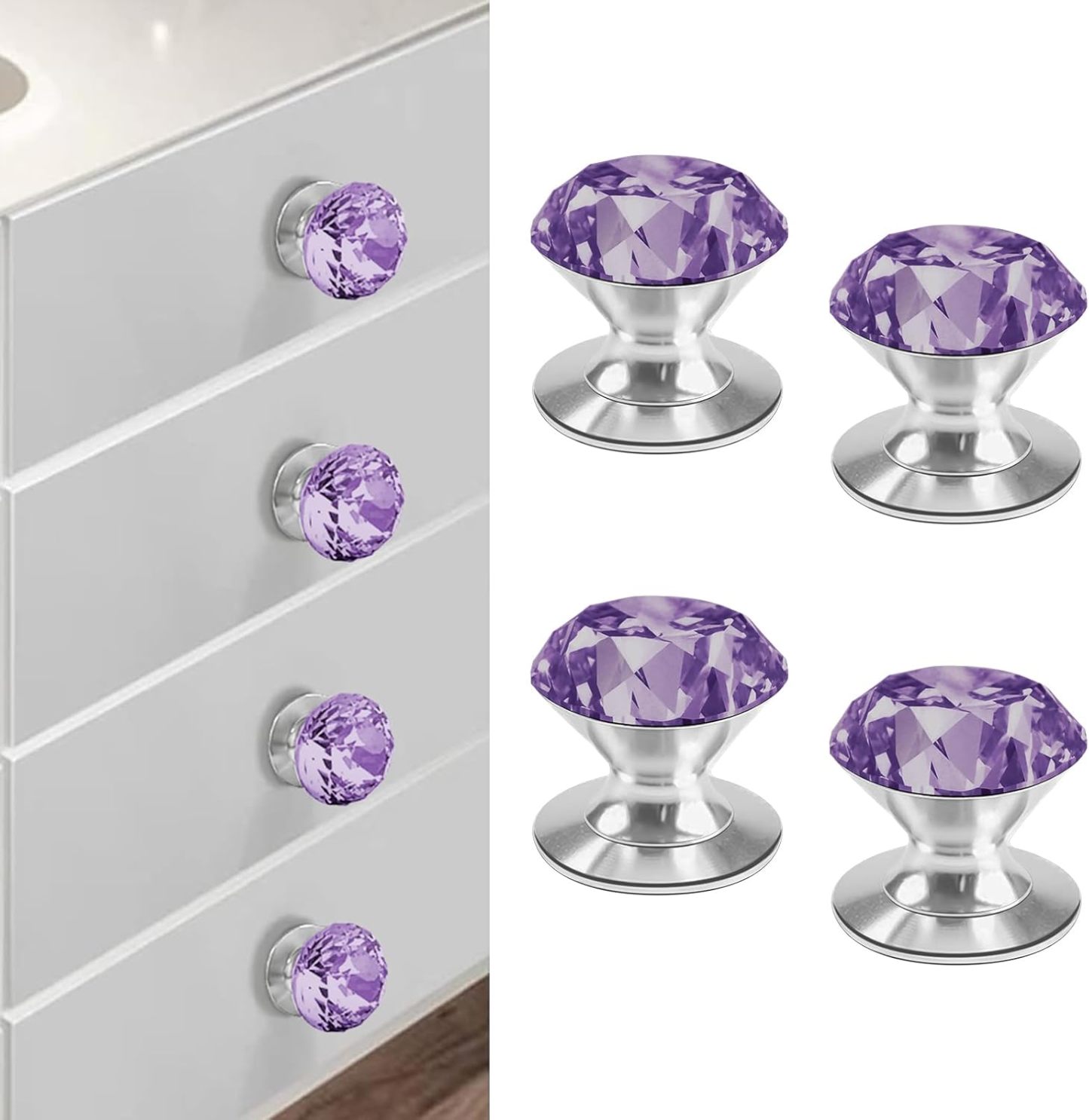 4 Pcs Self-Adhesive Crystal Knobs Self Stick Diamond Purple K9 Crystal Pulls Mirror Doors Knobs Drill Free Dresser Knobs for Medicine Cabinet Glass Sliding Doors Fish Tank Lid Terrarium