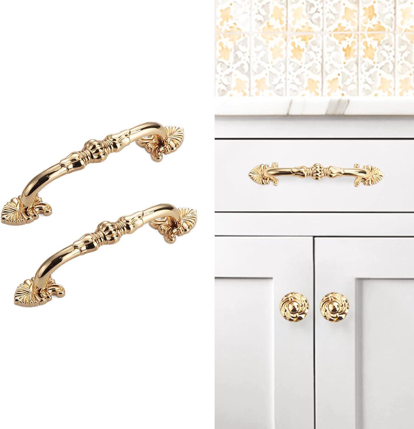 2 Pack 3-3/4 Brass Cabinet Pulls Antique Floral Pattern cupboard Handle Drawer Pulls Solid Brass Kitchen Hardware Flash Gold Handles for Cabinet Drawer Wardrobe (3-3/4 Hole Center. 24K Gold)