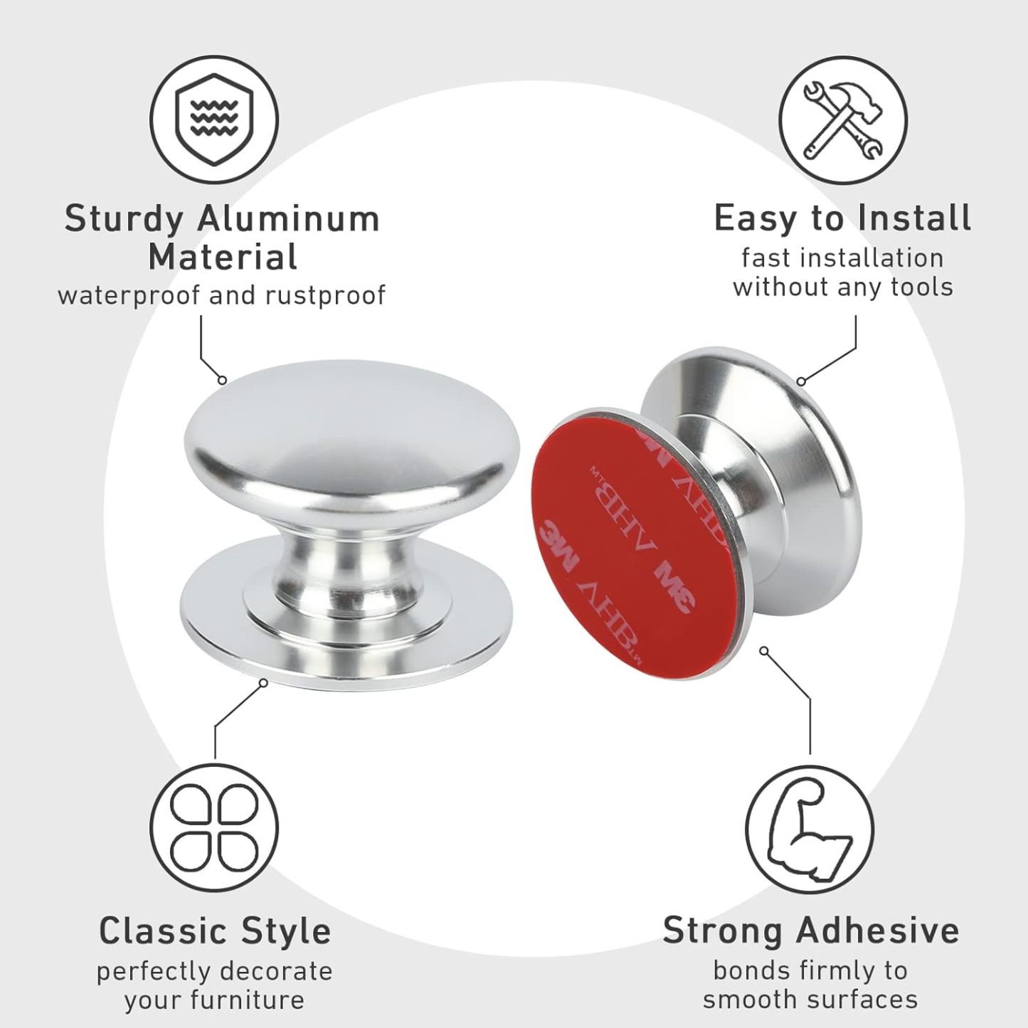 4 Pack Aluminum Self-Stick Knobs No Drilling Self-Adhesive Drawer Knobs Silver Cabinet Handle Pull with Adhesive Black Stick On Handle for Cupboard Fridge Dresser Window 4pcs/Set (Silver)