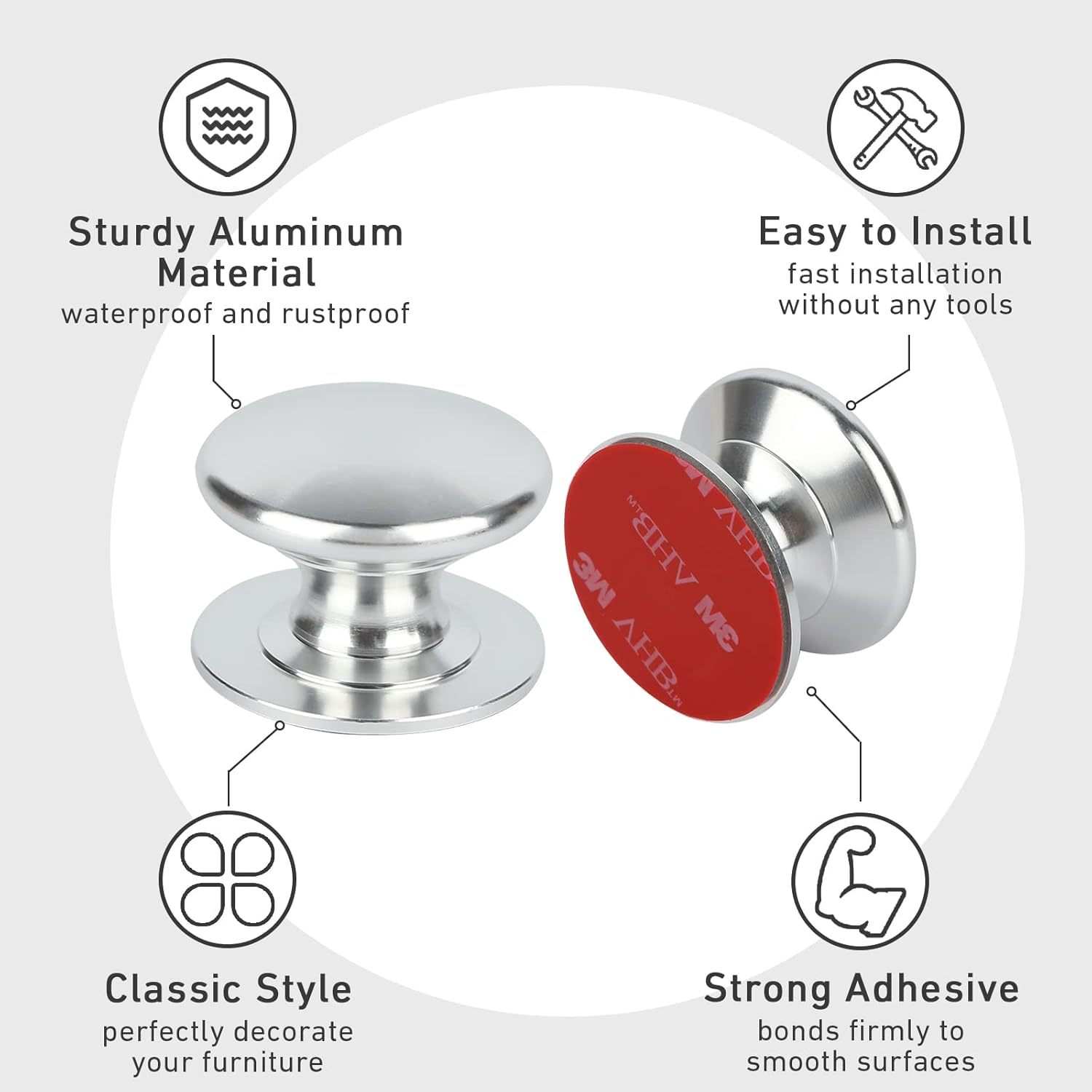 4 Pack Aluminum Self-Stick Knobs No Drilling Self-Adhesive Drawer Knobs Silver Cabinet Handle Pull with Adhesive Black Stick On Handle for Cupboard Fridge Dresser Window 4pcs/Set (Silver)