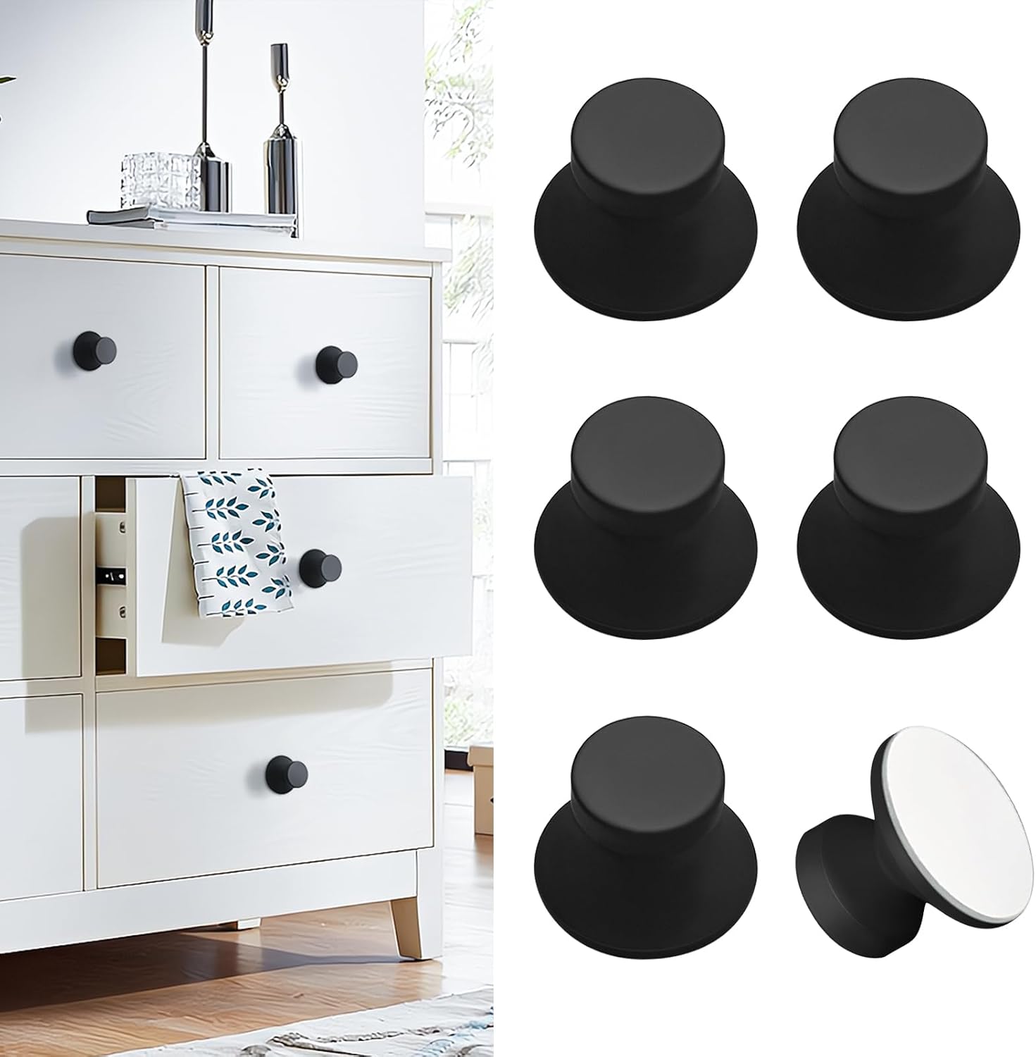 6 Pack Matte Black Aluminum Self-Stick Knobs Self-Adhesive Drawer Knobs
