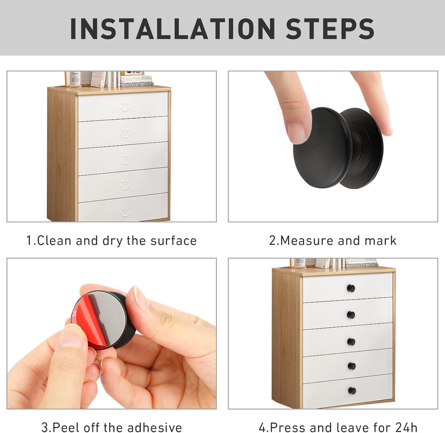 4 Pack Aluminum Self-Stick Knobs No Drilling Self-Adhesive Drawer Knobs Silver Cabinet Handle Pull with Adhesive Black Stick On Handle for Cupboard Fridge Dresser Window 4pcs/Set (Silver)