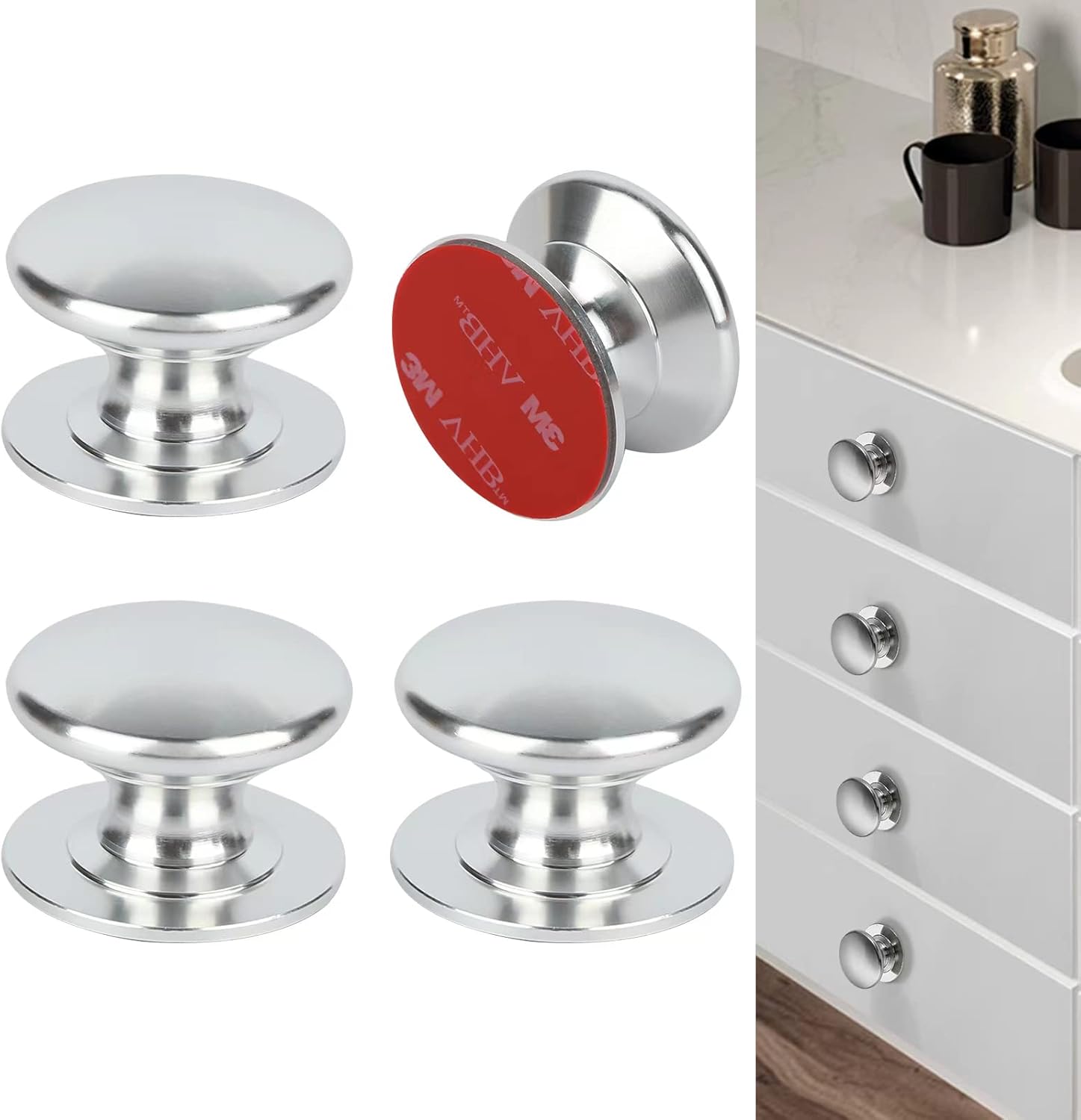 4 Pack Aluminum Self-Stick Knobs No Drilling Self-Adhesive Drawer Knobs Silver Cabinet Handle Pull with Adhesive Black Stick On Handle for Cupboard Fridge Dresser Window 4pcs/Set (Silver)