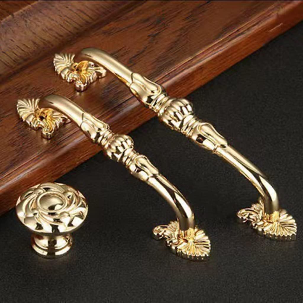 2 Pack 3-3/4 Brass Cabinet Pulls Antique Floral Pattern cupboard Handle Drawer Pulls Solid Brass Kitchen Hardware Flash Gold Handles for Cabinet Drawer Wardrobe (3-3/4 Hole Center. 24K Gold)