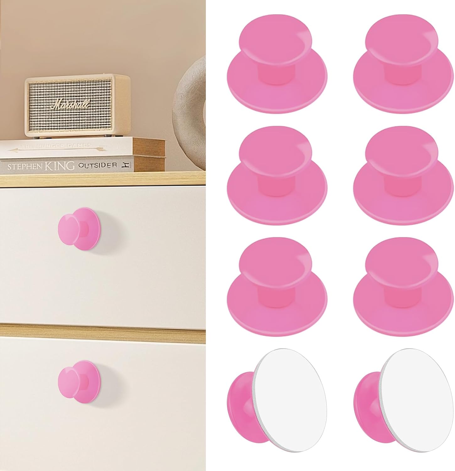 8 pack ABS Self-Stick Instant Cabinet Knobs Drill Free Drawer Knobs (Round. Pink)