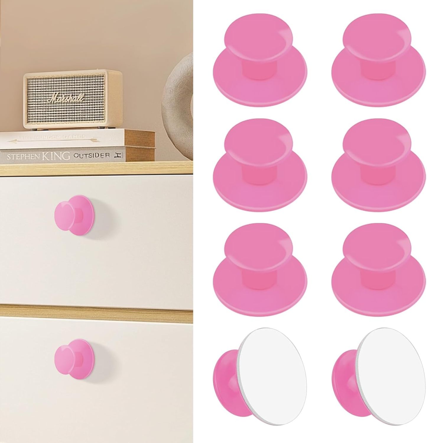 8 pack ABS Self-Stick Instant Cabinet Knobs Drill Free Drawer Knobs (Round. Pink)