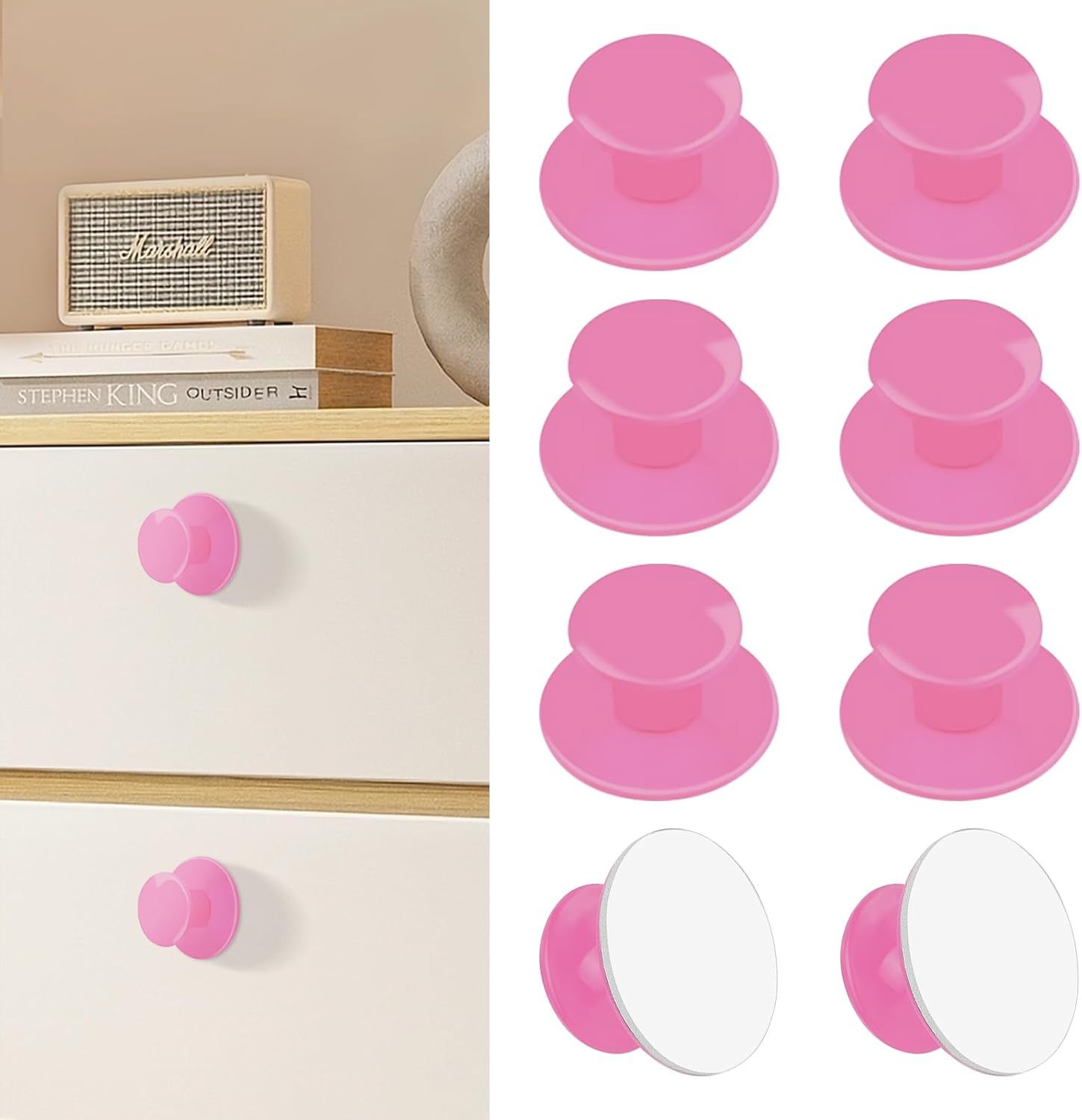 8 pack ABS Self-Stick Instant Cabinet Knobs Drill Free Drawer Knobs (Round. Pink)