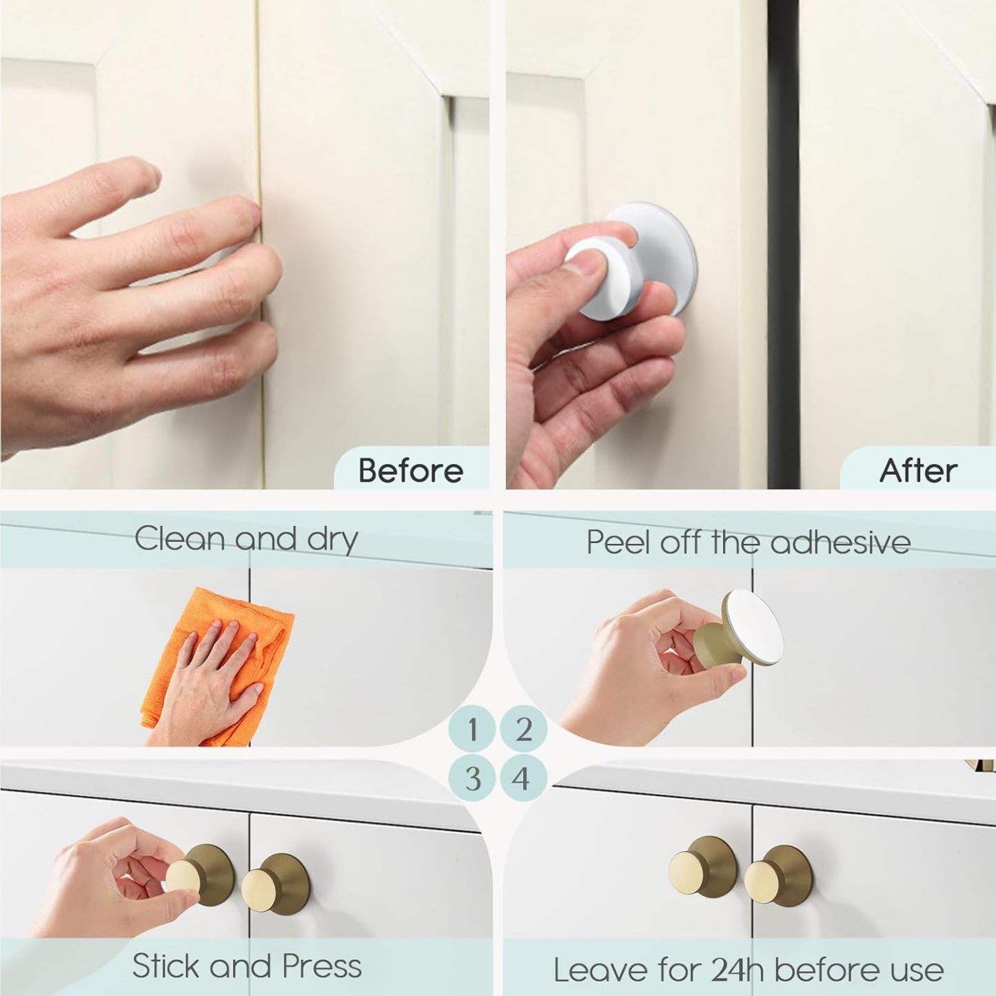 6 Pack Matte Black Aluminum Self-Stick Knobs Self-Adhesive Drawer Knobs