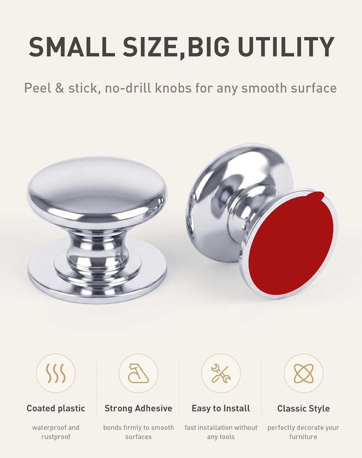 Elistonie Self-Stick Knobs Peel and Stick Cabinet Knobs Silver Plastic Drawer Handle Pull with Adhesive Silver Stick On Handle for Cupboard Fridge Dresser Window 