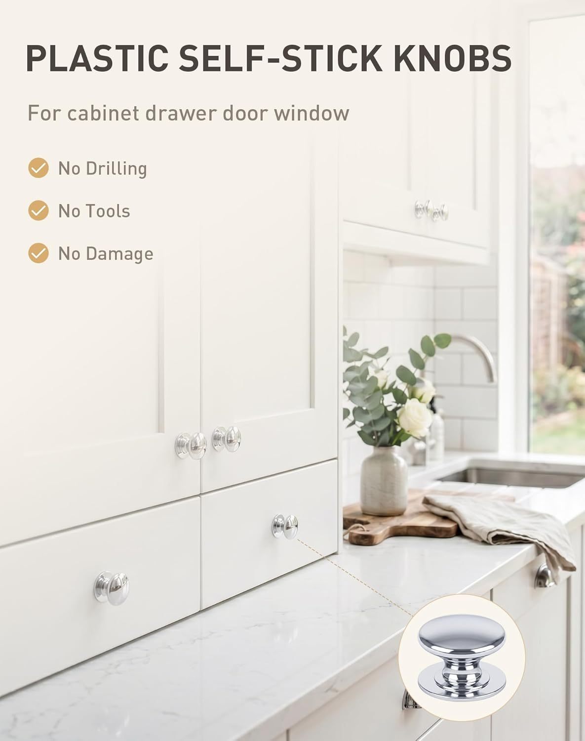 Elistonie Self-Stick Knobs Peel and Stick Cabinet Knobs Silver Plastic Drawer Handle Pull with Adhesive Silver Stick On Handle for Cupboard Fridge Dresser Window 