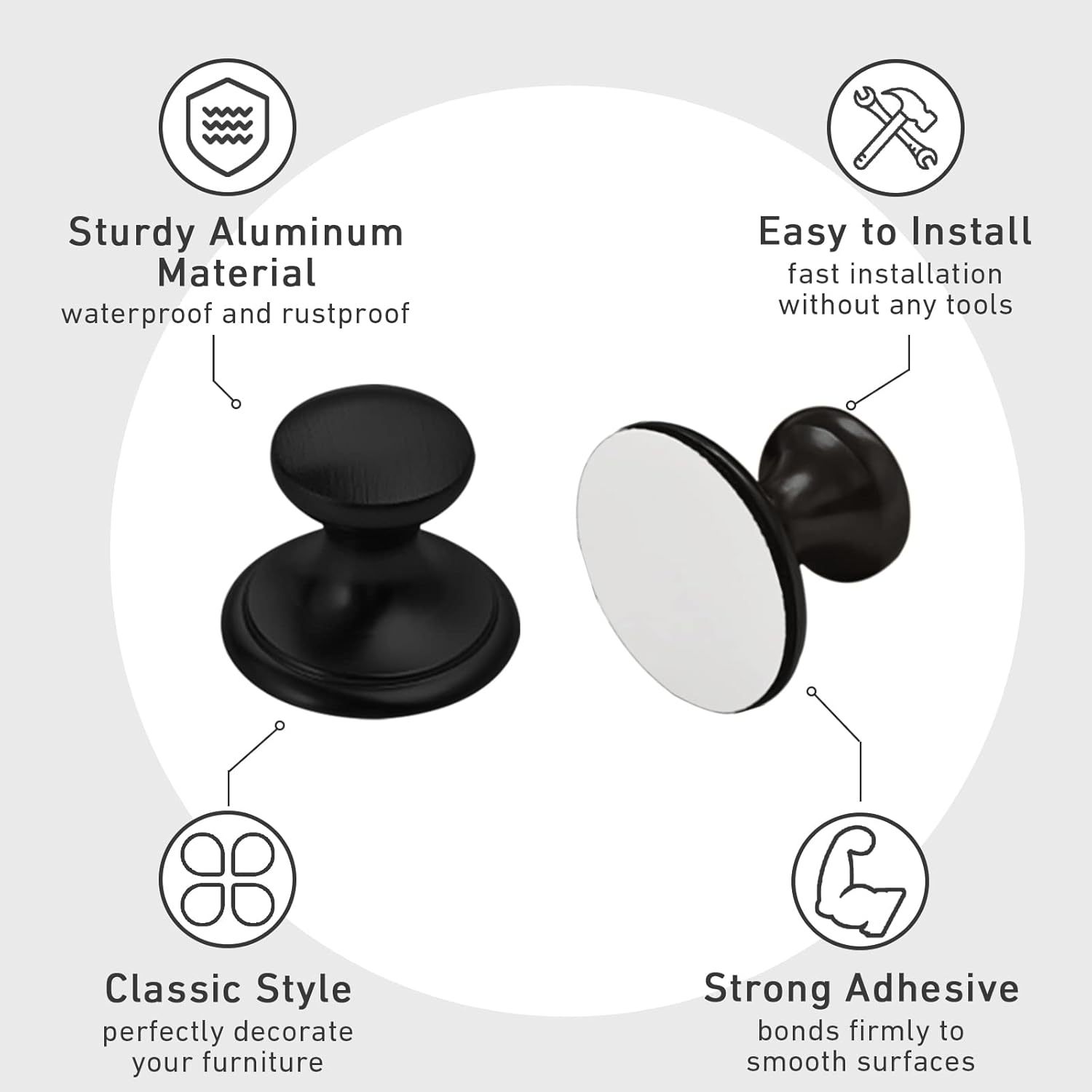 4 Pack Self-Stick Knobs Brushed Black Self-Adhesive Drawer Knobs Aluminum No Drilling Cabinet Handle Pull with Adhesive Black Knob for Cupboard Fridge Dresser Window 4pcs (Black.1-1/2)