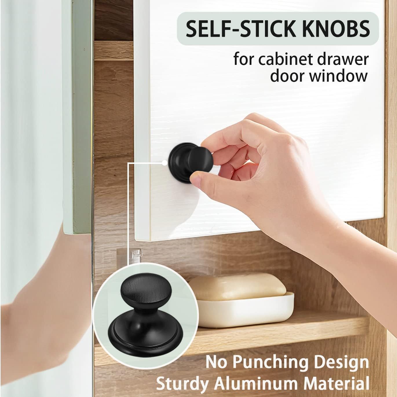 4 Pack Self-Stick Knobs Brushed Black Self-Adhesive Drawer Knobs Aluminum No Drilling Cabinet Handle Pull with Adhesive Black Knob for Cupboard Fridge Dresser Window 4pcs (Black.1-1/2)