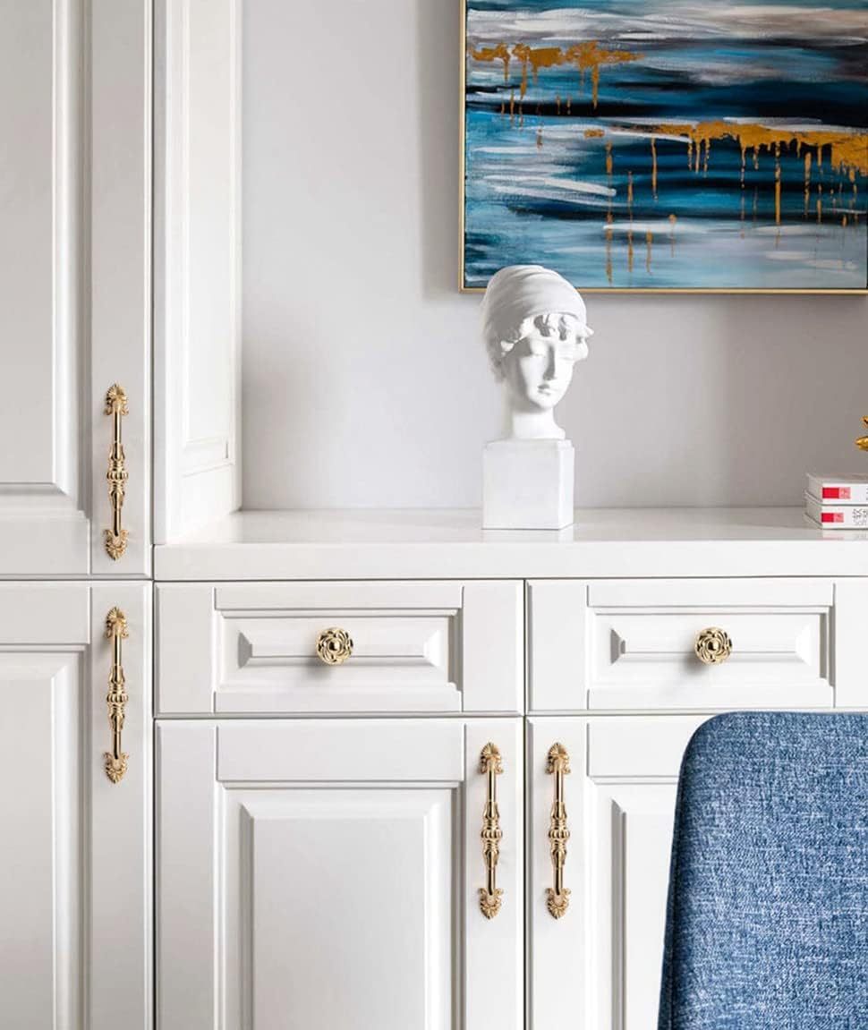 2 Pack 3-3/4 Brass Cabinet Pulls Antique Floral Pattern cupboard Handle Drawer Pulls Solid Brass Kitchen Hardware Flash Gold Handles for Cabinet Drawer Wardrobe (3-3/4 Hole Center. 24K Gold)