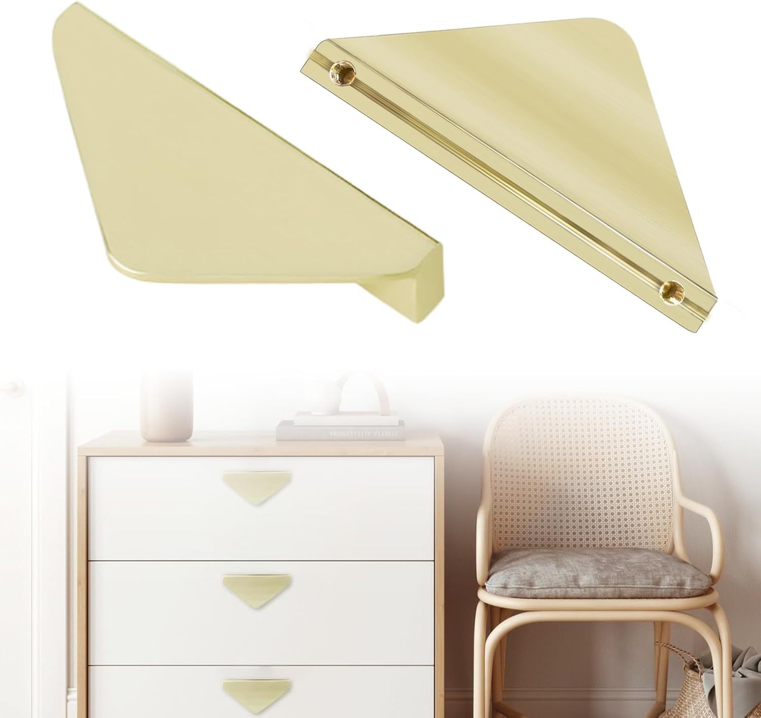 Elistonie Triangle Shape Brushed Gold Metal Knobs Zinc Alloy Double Holes Knobs for Furniture Cabinet 2.52 Inch Hole Center Pulls for Drawer Pulls Closet Handles Cupboard Knobs (6pces/Set) 