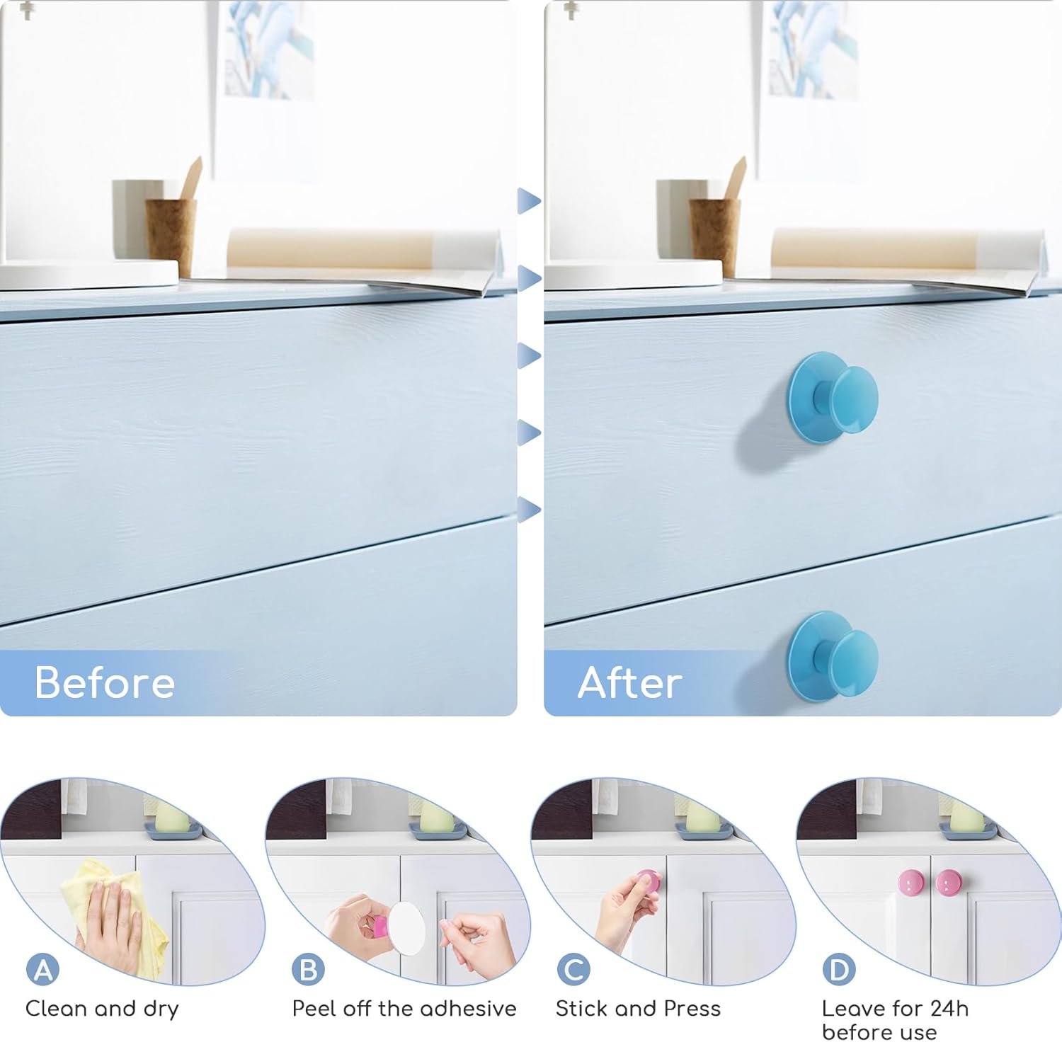 8 pack ABS Self-Stick Instant Cabinet Knobs Drill Free Drawer Knobs (Round. Pink)