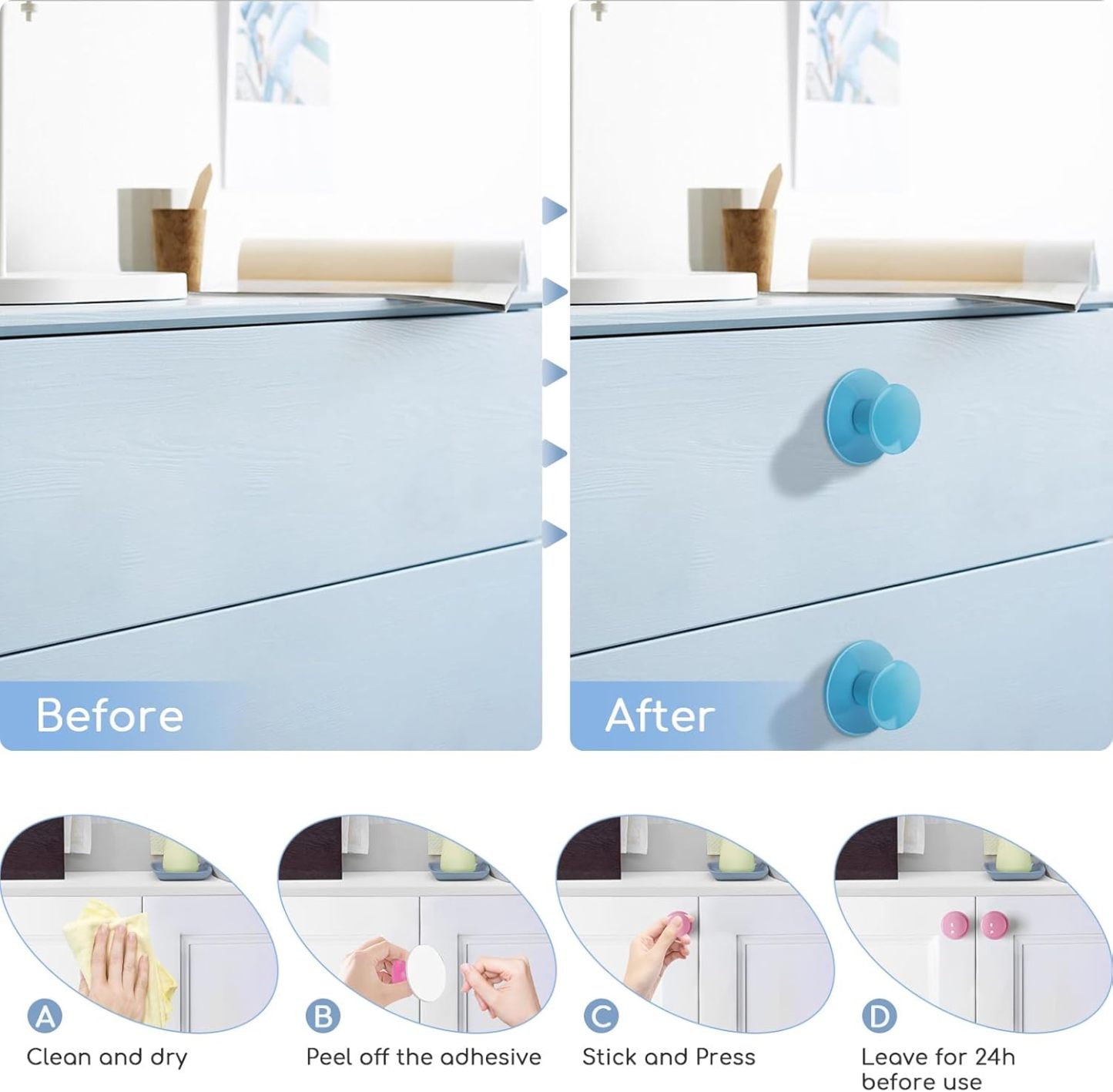 8 pack ABS Self-Stick Instant Cabinet Knobs Drill Free Drawer Knobs (Round. Pink)