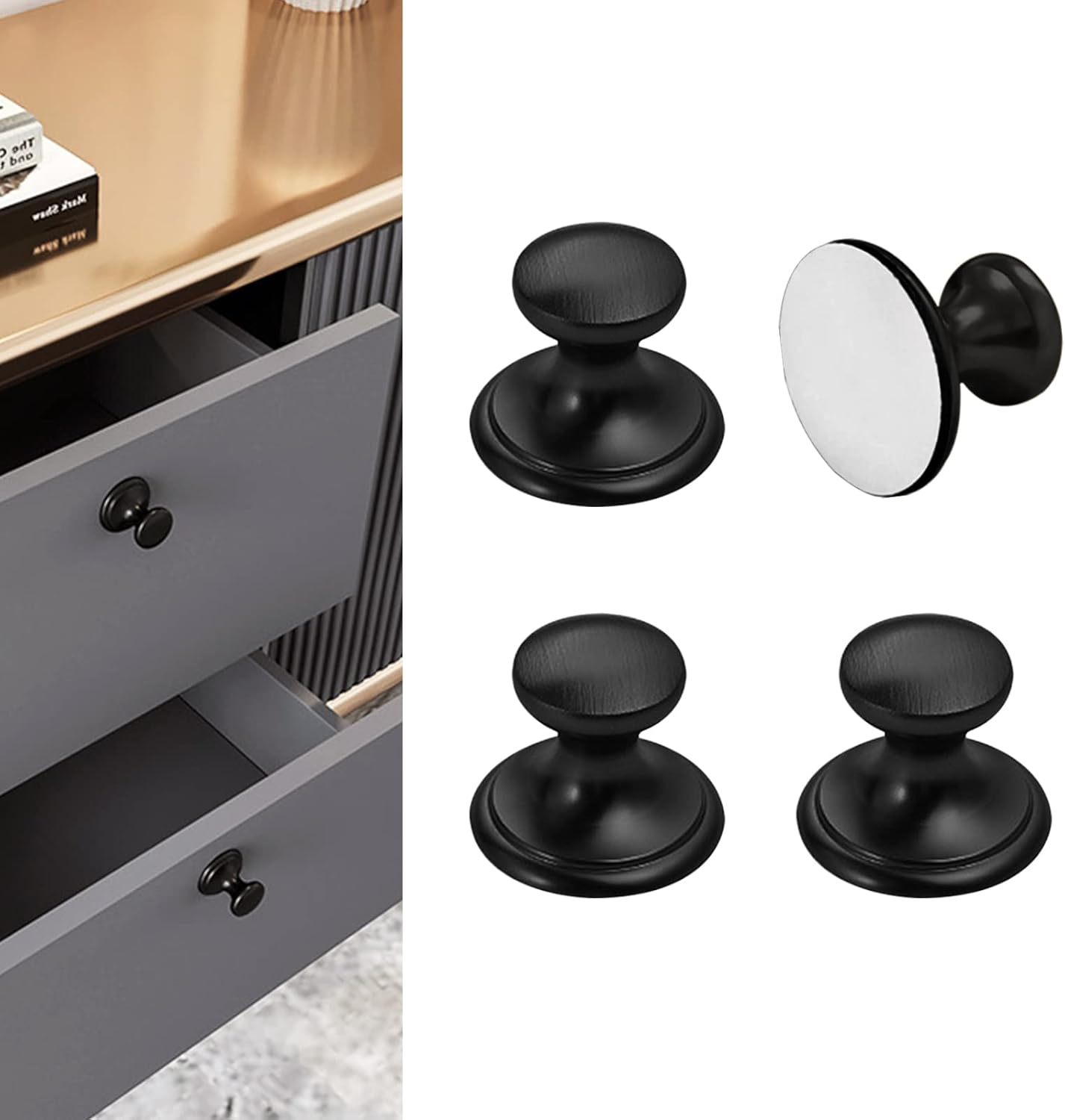 4 Pack Self-Stick Knobs Brushed Black Self-Adhesive Drawer Knobs Aluminum No Drilling Cabinet Handle Pull with Adhesive Black Knob for Cupboard Fridge Dresser Window 4pcs (Black.1-1/2)