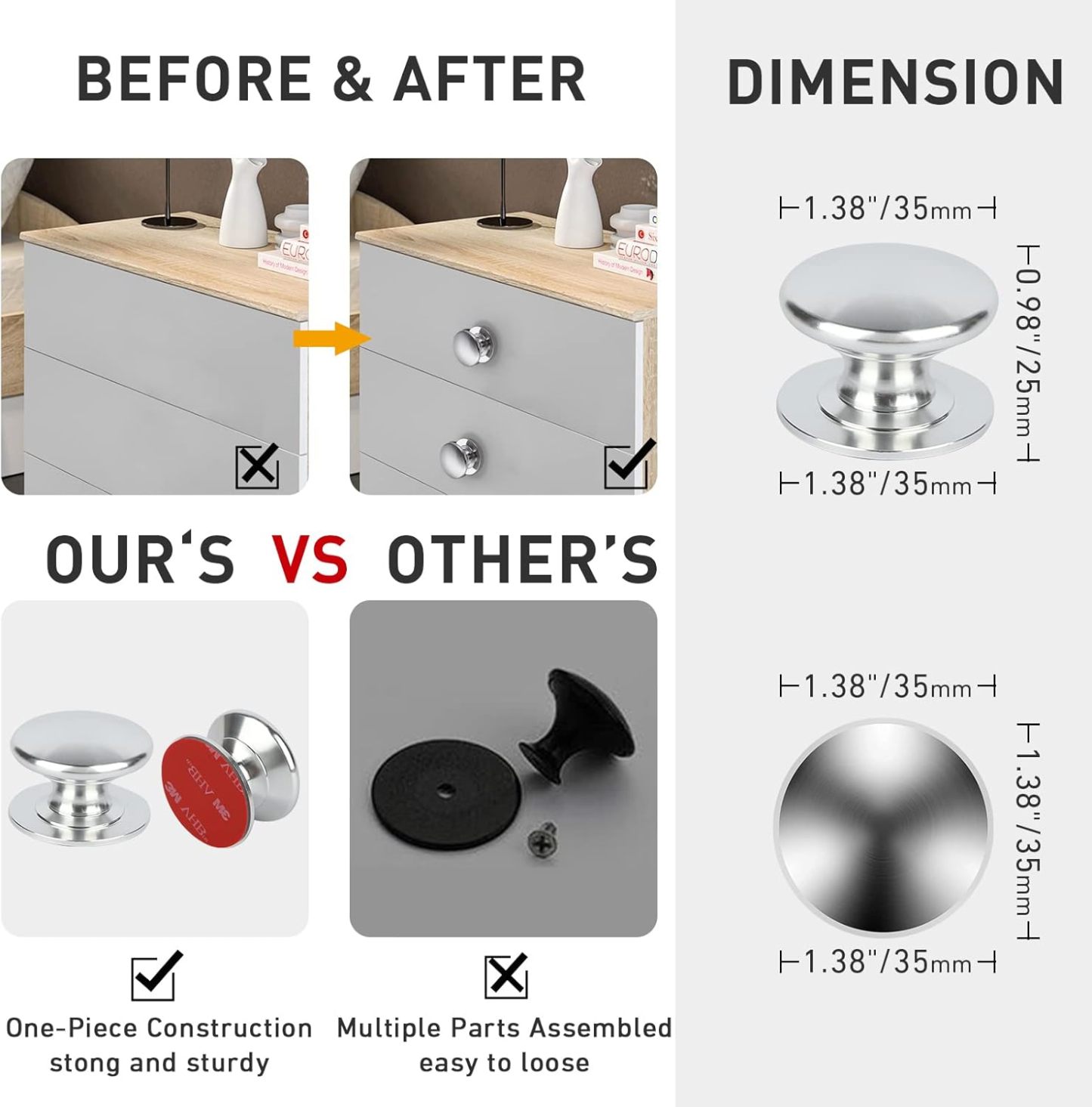 4 Pack Aluminum Self-Stick Knobs No Drilling Self-Adhesive Drawer Knobs Silver Cabinet Handle Pull with Adhesive Black Stick On Handle for Cupboard Fridge Dresser Window 4pcs/Set (Silver)