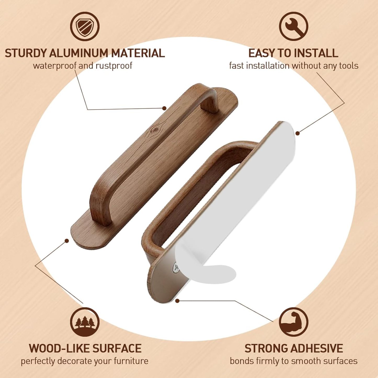 Self-Adhesive Handle Aluminum Pull Wood Like Cabinet Handle