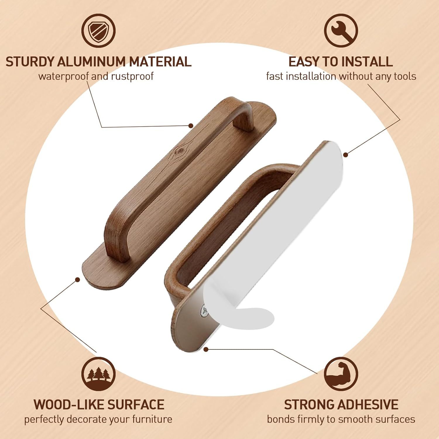 Self-Adhesive Handle Aluminum Pull Wood Like Cabinet Handle
