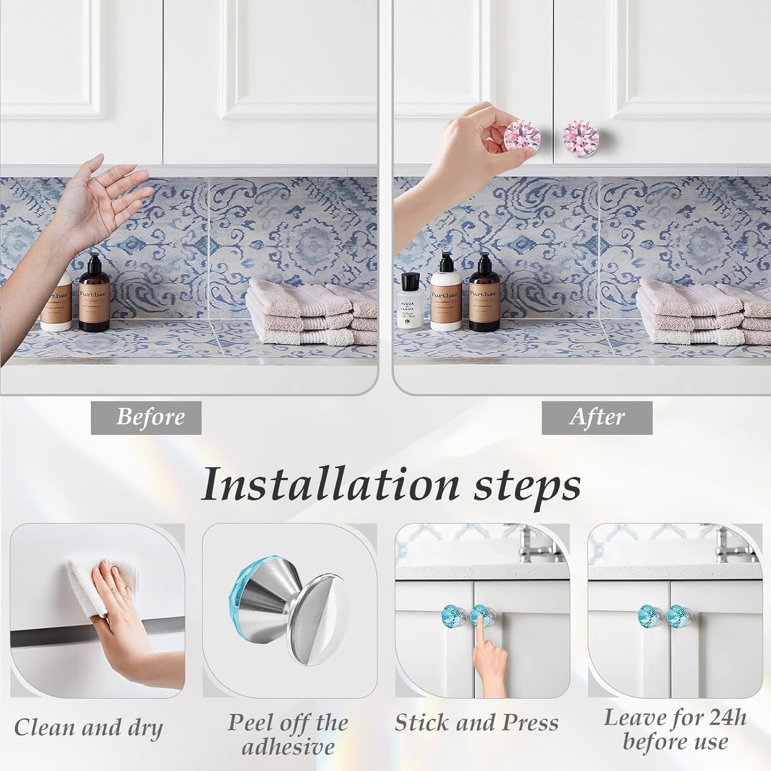 4 Pcs Self-Adhesive Crystal Knobs Self Stick Diamond Purple K9 Crystal Pulls Mirror Doors Knobs Drill Free Dresser Knobs for Medicine Cabinet Glass Sliding Doors Fish Tank Lid Terrarium