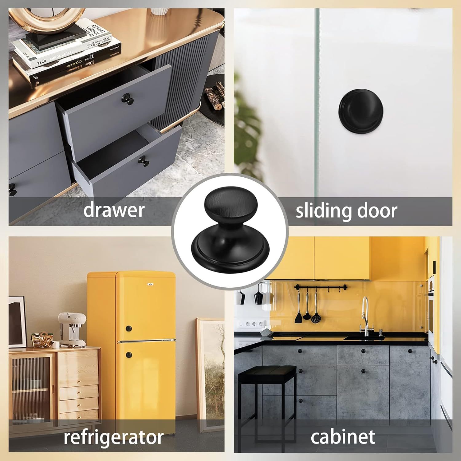 4 Pack Self-Stick Knobs Brushed Black Self-Adhesive Drawer Knobs Aluminum No Drilling Cabinet Handle Pull with Adhesive Black Knob for Cupboard Fridge Dresser Window 4pcs (Black.1-1/2)