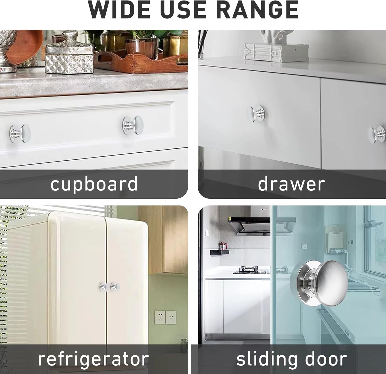 4 Pack Aluminum Self-Stick Knobs No Drilling Self-Adhesive Drawer Knobs Silver Cabinet Handle Pull with Adhesive Black Stick On Handle for Cupboard Fridge Dresser Window 4pcs/Set (Silver)