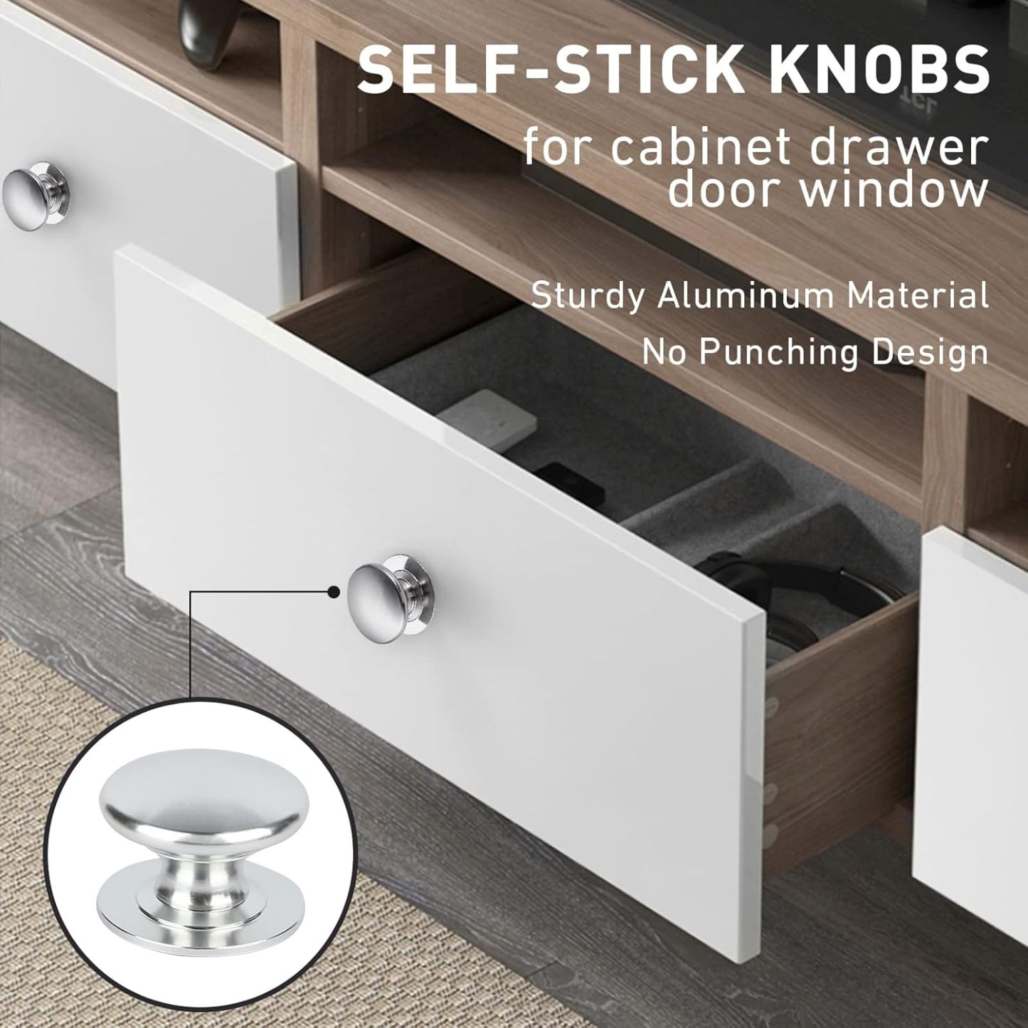 4 Pack Aluminum Self-Stick Knobs No Drilling Self-Adhesive Drawer Knobs Silver Cabinet Handle Pull with Adhesive Black Stick On Handle for Cupboard Fridge Dresser Window 4pcs/Set (Silver)