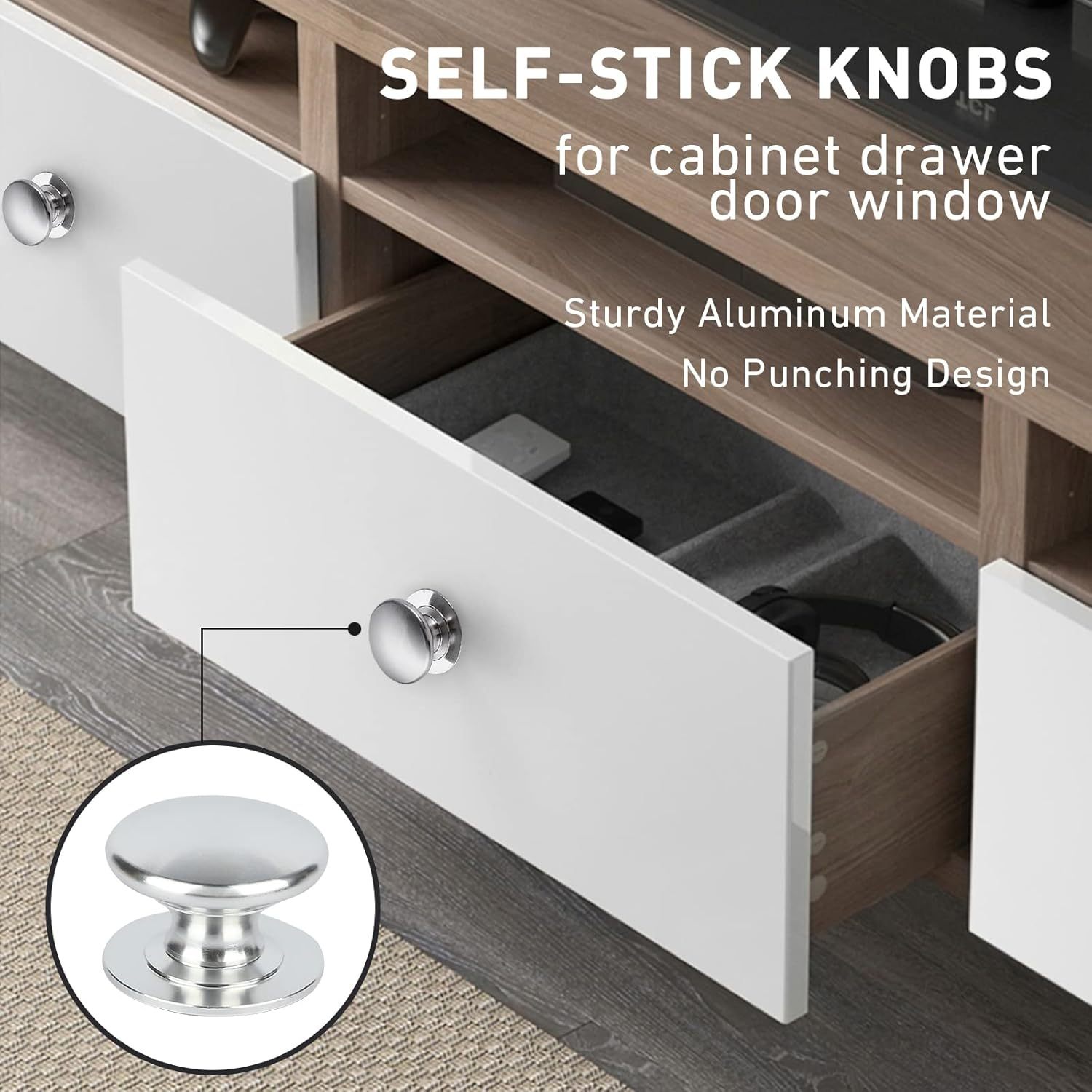 4 Pack Aluminum Self-Stick Knobs No Drilling Self-Adhesive Drawer Knobs Silver Cabinet Handle Pull with Adhesive Black Stick On Handle for Cupboard Fridge Dresser Window 4pcs/Set (Silver)