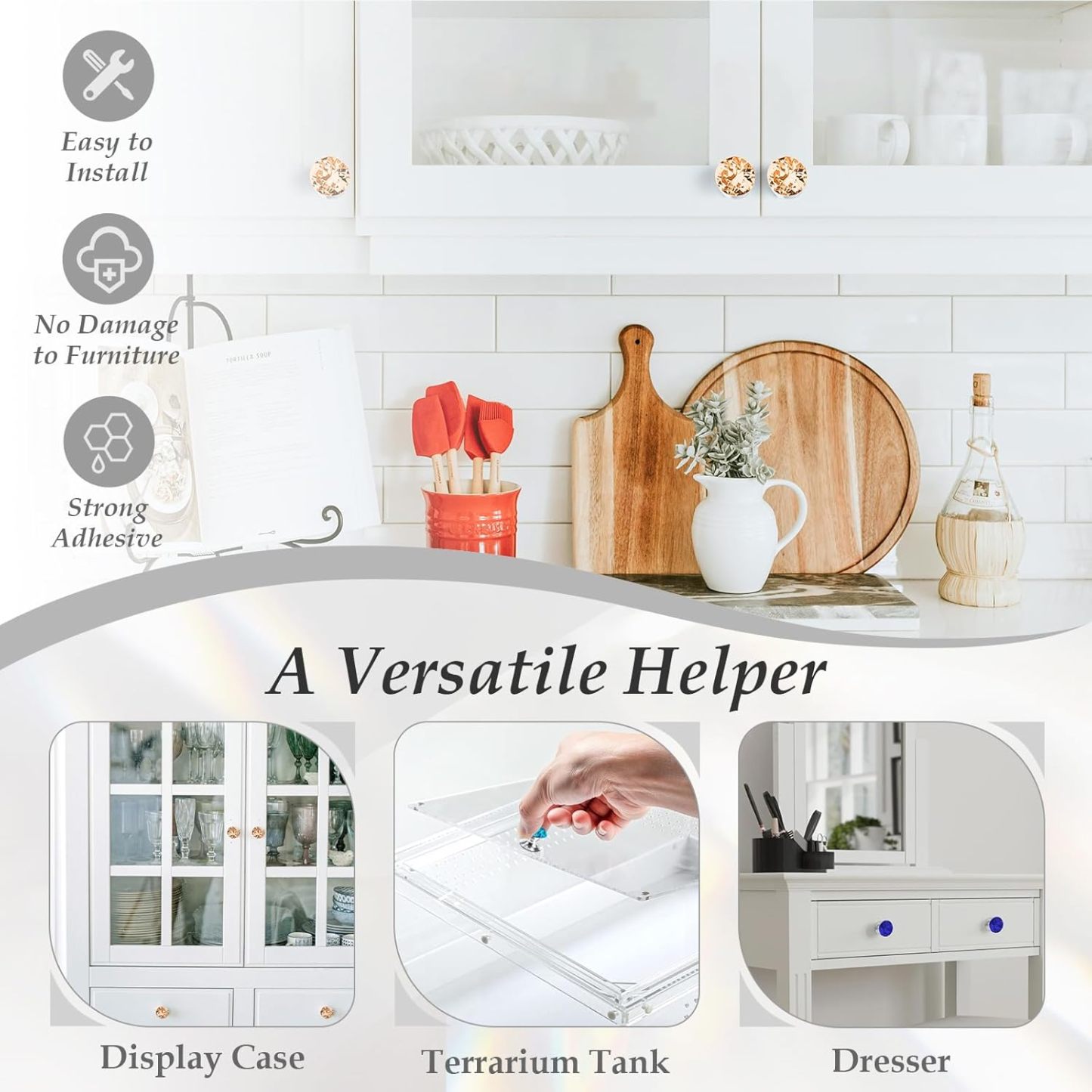 4 Pcs Self-Adhesive Crystal Knobs Self Stick Diamond Purple K9 Crystal Pulls Mirror Doors Knobs Drill Free Dresser Knobs for Medicine Cabinet Glass Sliding Doors Fish Tank Lid Terrarium