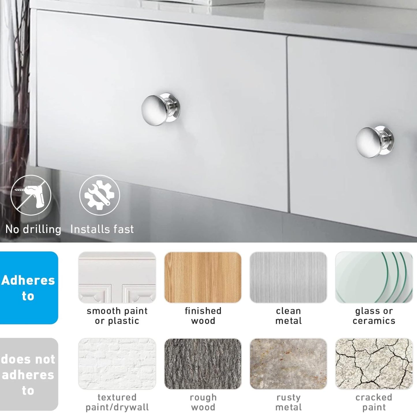 4 Pack Aluminum Self-Stick Knobs No Drilling Self-Adhesive Drawer Knobs Silver Cabinet Handle Pull with Adhesive Black Stick On Handle for Cupboard Fridge Dresser Window 4pcs/Set (Silver)