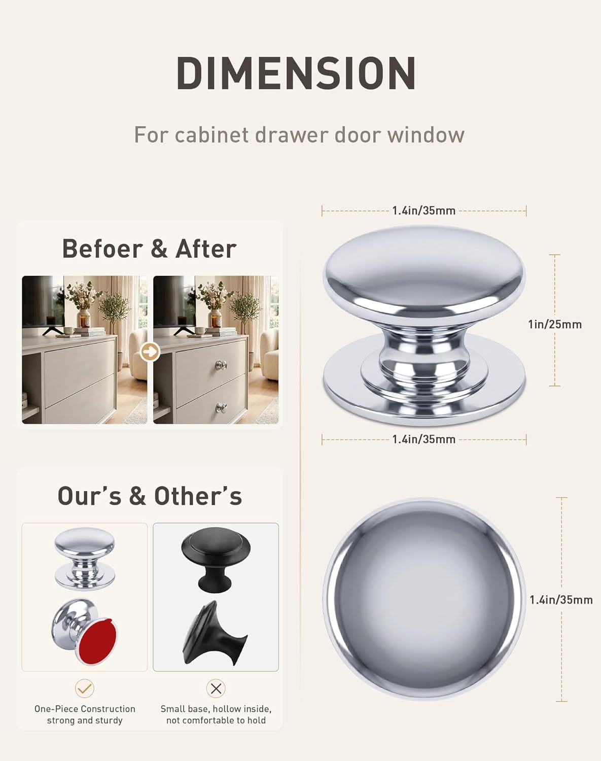 Elistonie Self-Stick Knobs Peel and Stick Cabinet Knobs Silver Plastic Drawer Handle Pull with Adhesive Silver Stick On Handle for Cupboard Fridge Dresser Window 