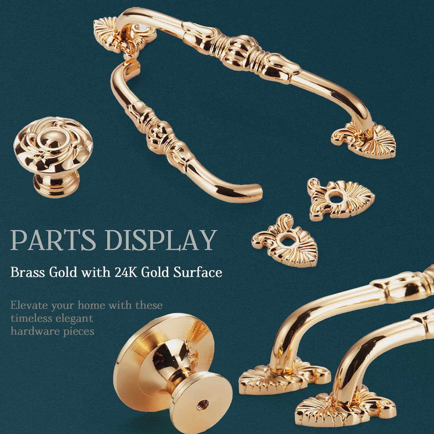 2 Pack 3-3/4 Brass Cabinet Pulls Antique Floral Pattern cupboard Handle Drawer Pulls Solid Brass Kitchen Hardware Flash Gold Handles for Cabinet Drawer Wardrobe (3-3/4 Hole Center. 24K Gold)