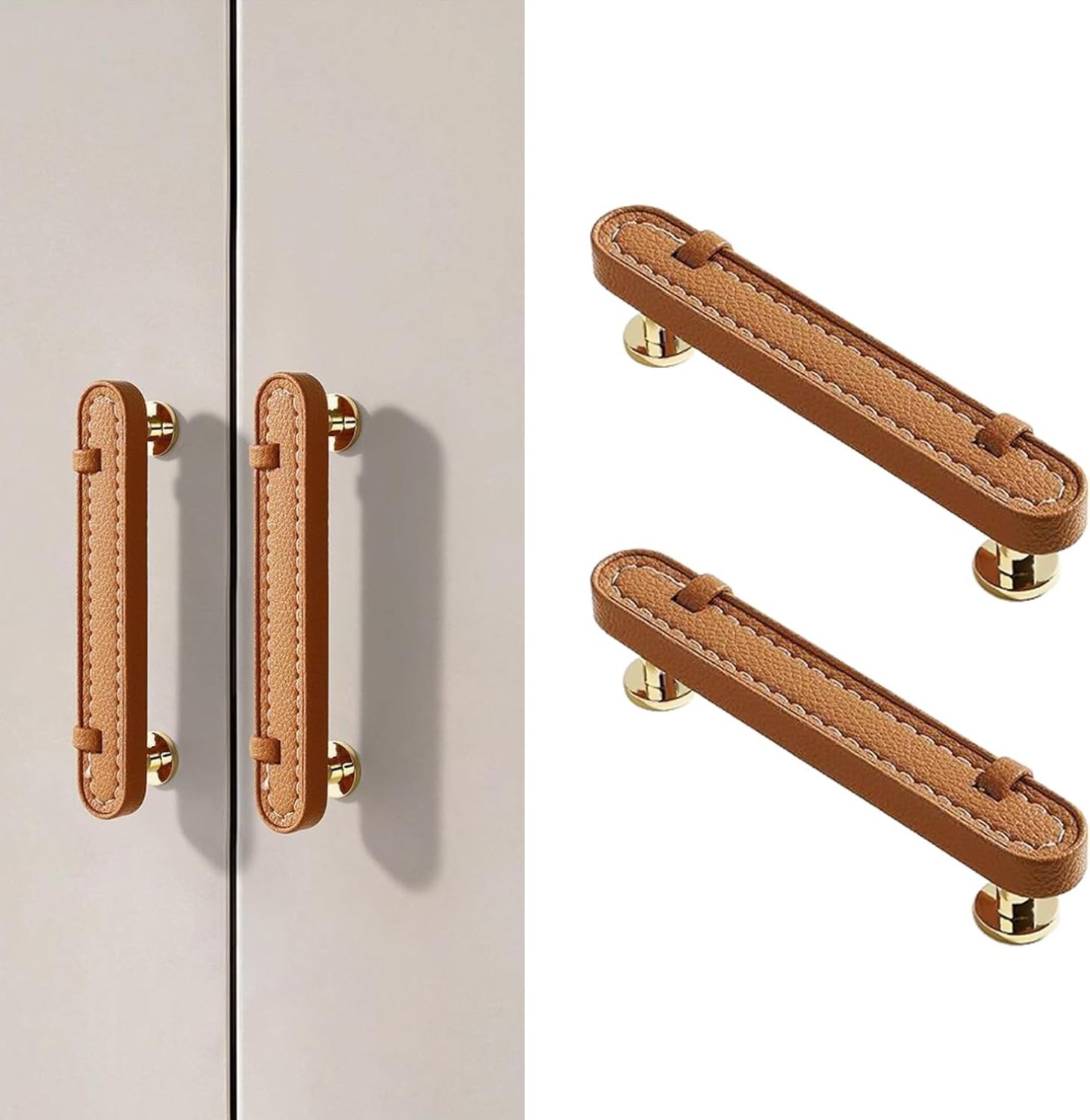2 Pack Brown Leather Cabinet Pulls 3-3/4' Hand-Stitch Drawer Pulls for Cabinets Cupboards Dressers Drawers Bedroom