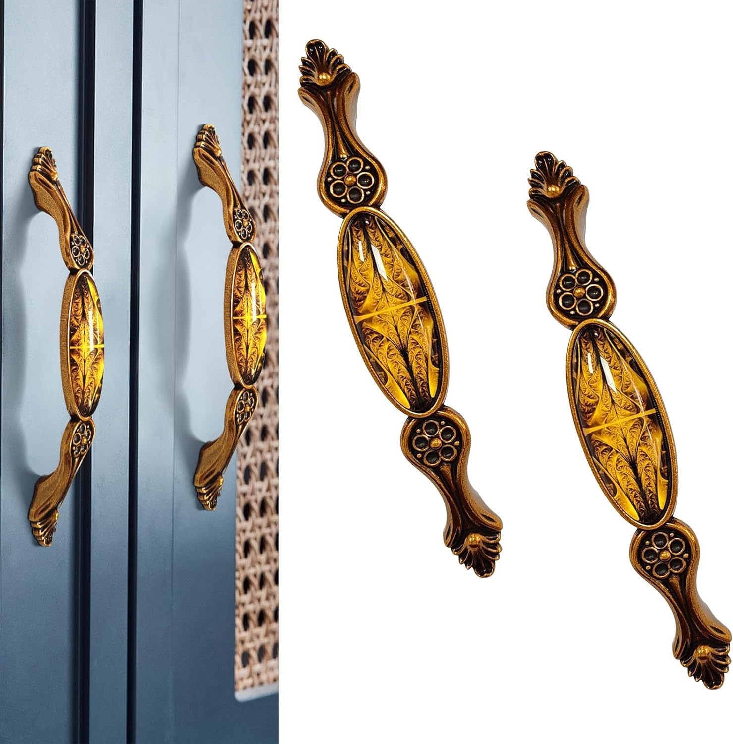 Elistonie 2 Pack Kitchen Door Handles Victorian Style Cabinet Handles 96mm Hole Center Copper Handles with Art Pattern Handles Zinc Alloy Cupboard Handles (Red Copper)
