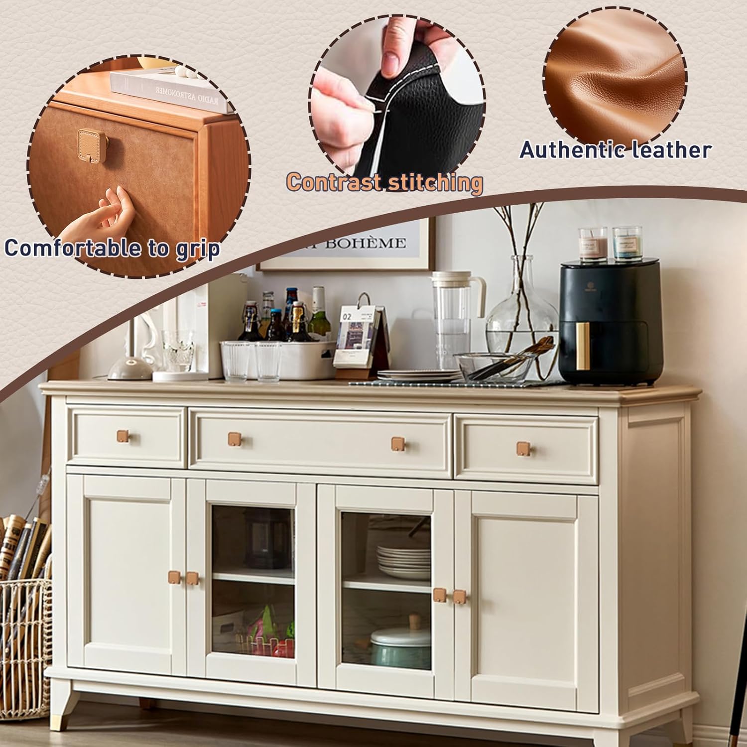 2 Pack Brown Leather Cabinet Pulls 3-3/4' Hand-Stitch Drawer Pulls for Cabinets Cupboards Dressers Drawers Bedroom