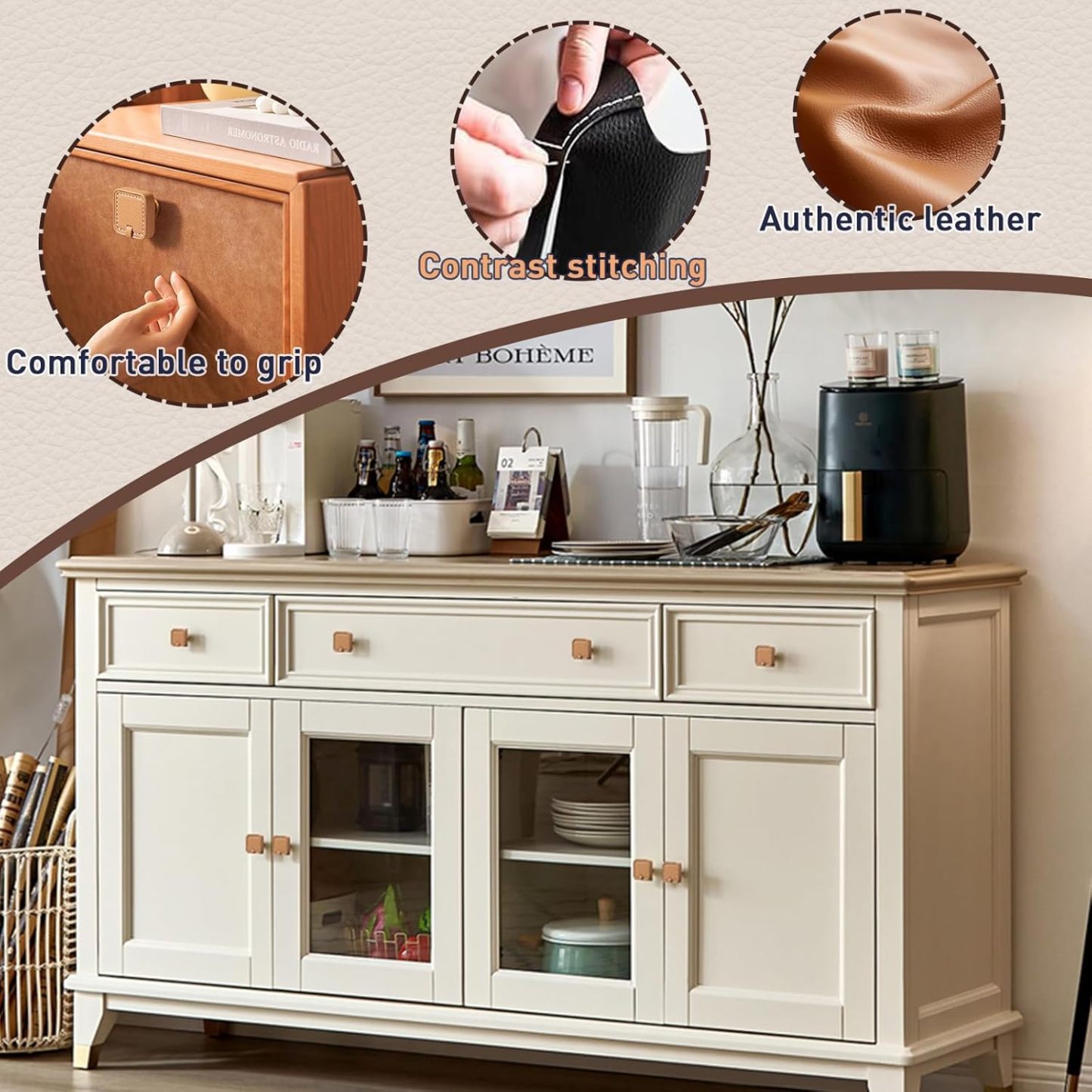 2 Pack Brown Leather Cabinet Pulls 3-3/4' Hand-Stitch Drawer Pulls for Cabinets Cupboards Dressers Drawers Bedroom